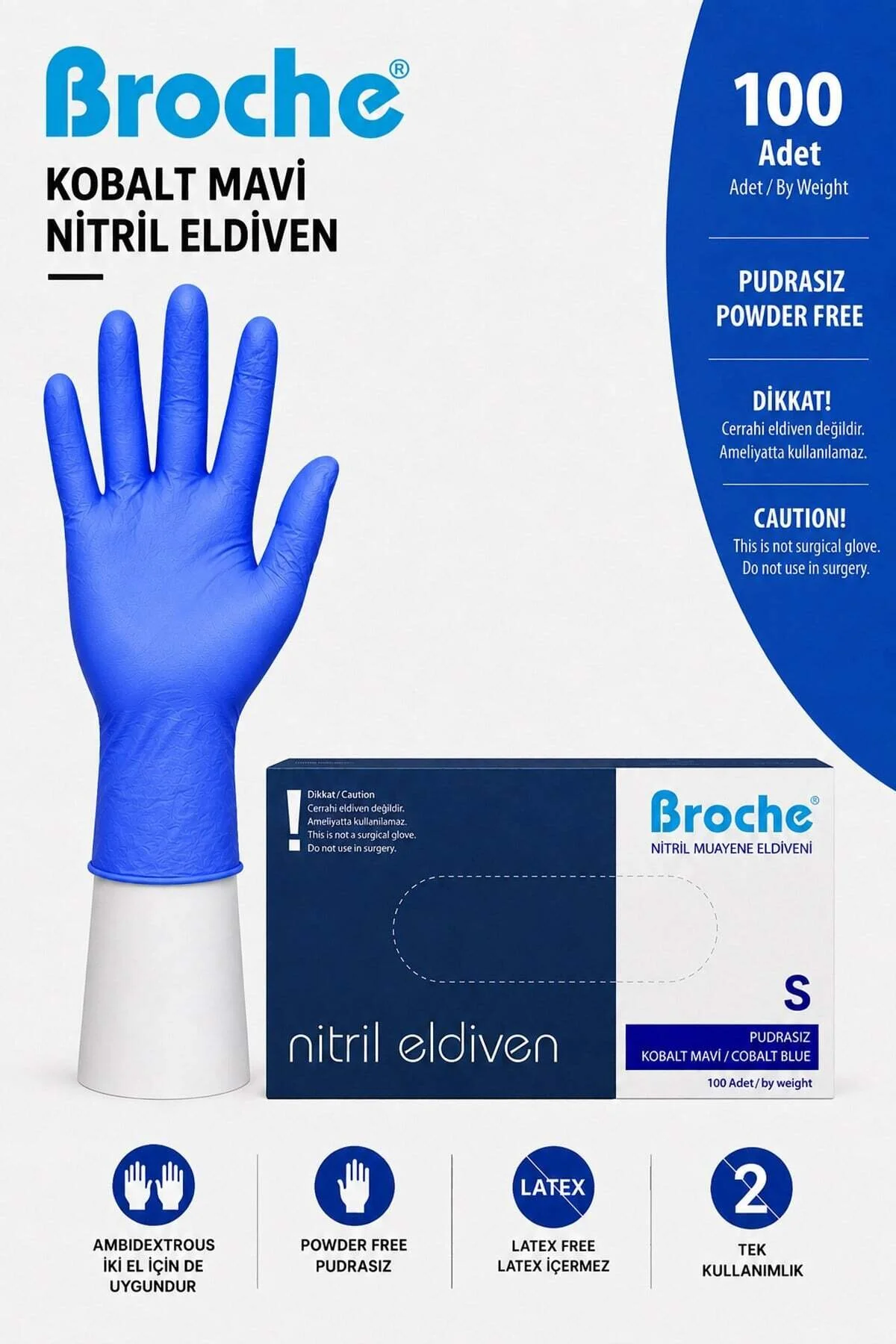 Broche Pudrasız Kobalt Mavi Nitril Eldiven S Beden 20'li Paket Broche Pudrasız Kobalt Mavi Nitril Eldiven S Beden 20'li Paket