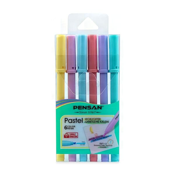 Pensan 6 renk pastel kesik uçlu keçeli kalemlerin yandan bakışla duruşu