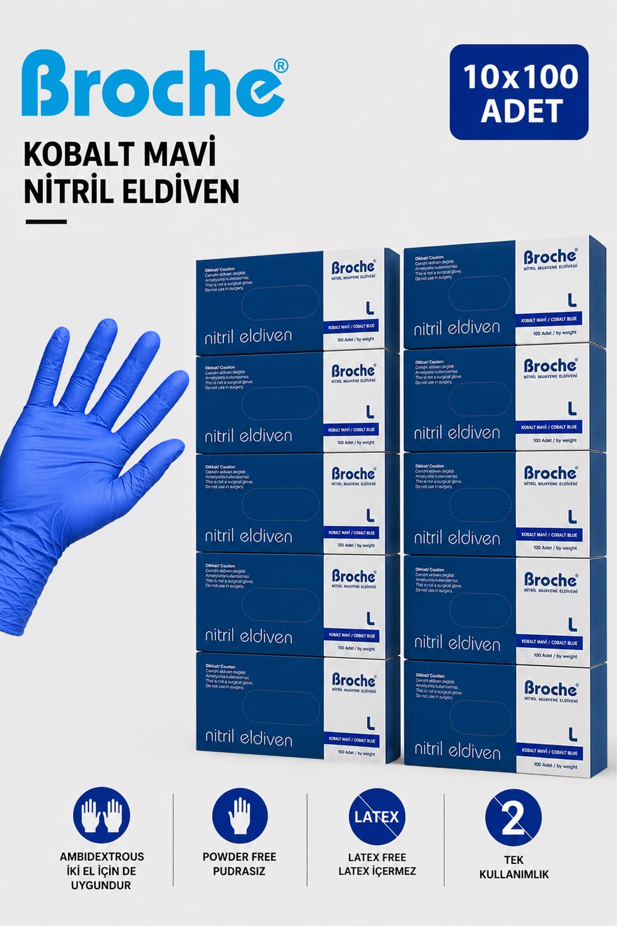 Broche Pudrasız Kobalt Mavi Nitril Eldiven L Beden 20'li Paket Broche Pudrasız Kobalt Mavi Nitril Eldiven L Beden 20'li Paket